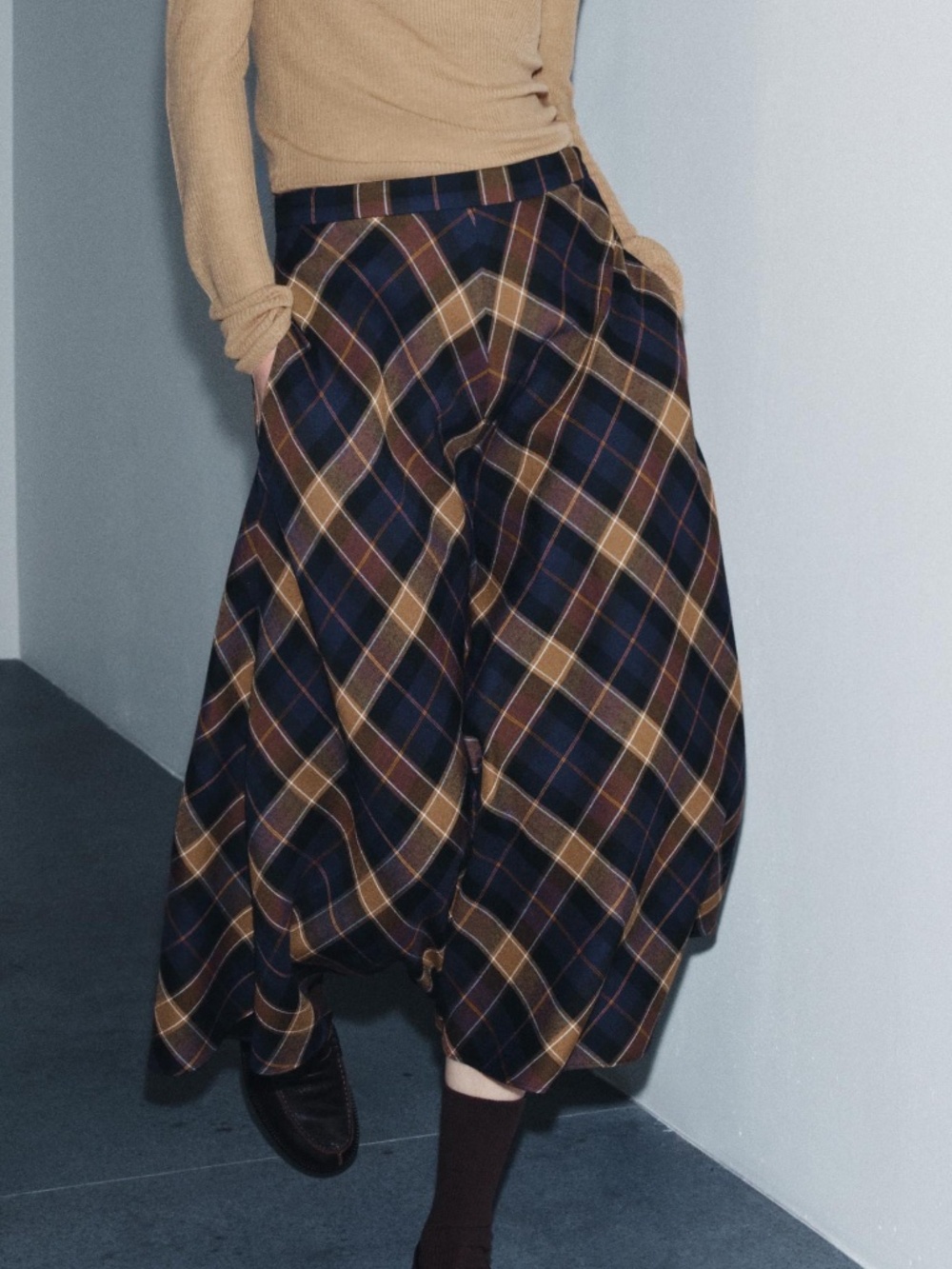 Zara blue, brown and cream check plaid cape skirt NWT